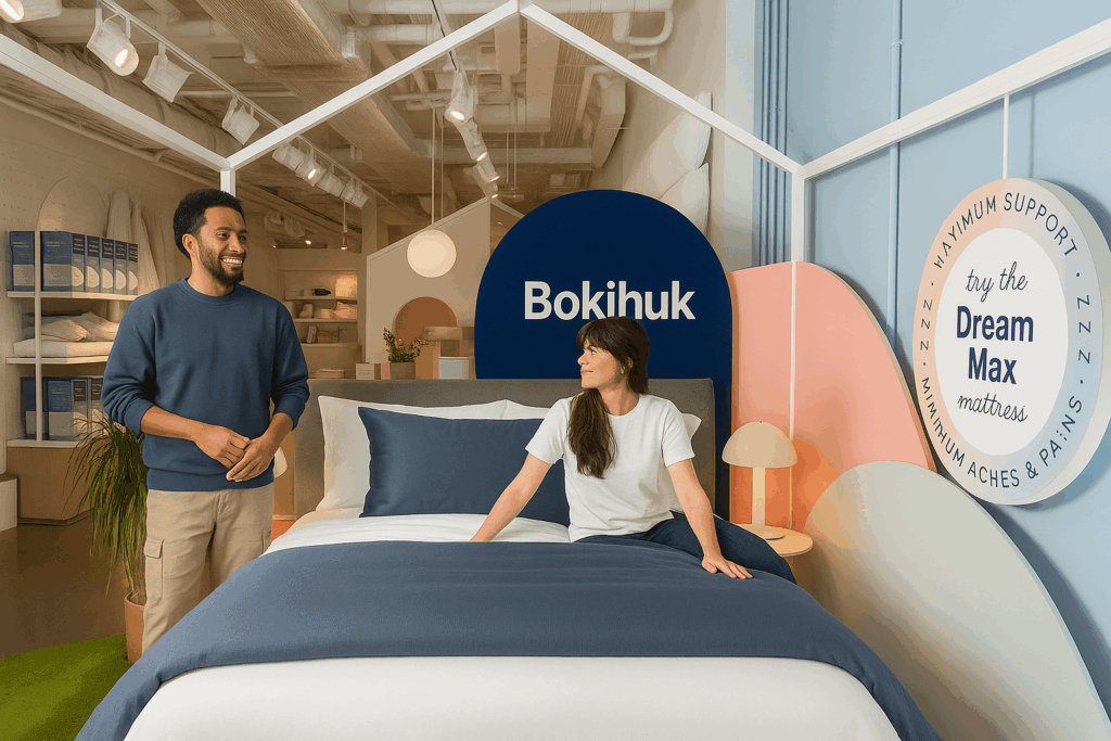 One person standing next to a made bed with another sitting on it, both smiling.