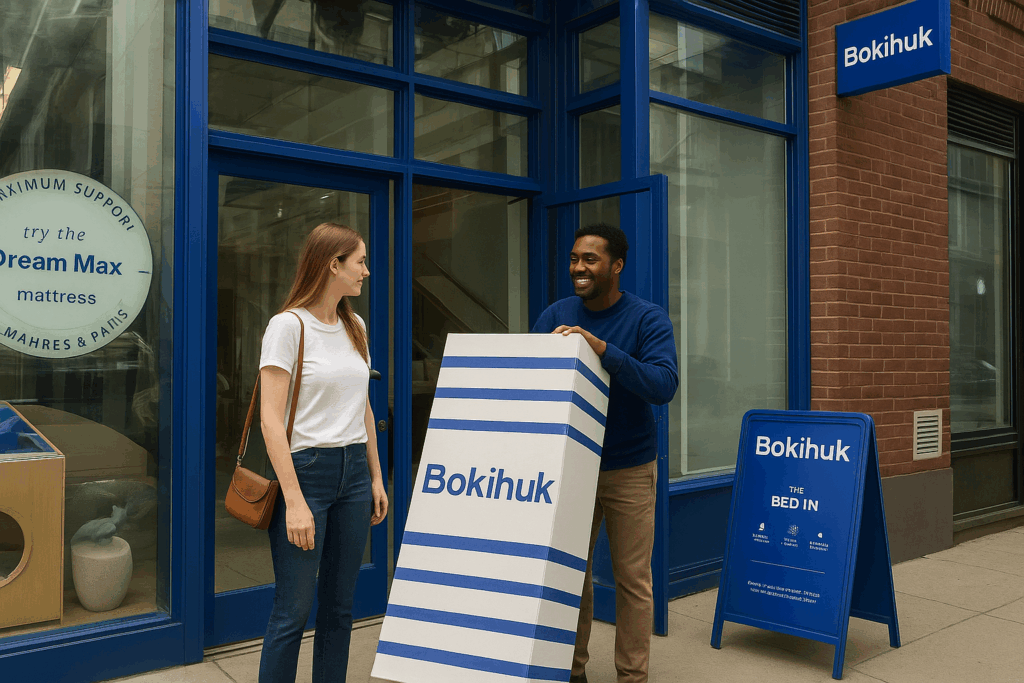 A male staff member is handing a Bokihuk product to a customer, who looks very happy. The background shows the exterior of a Bokihuk store, and the overall atmosphere is friendly and welcoming.