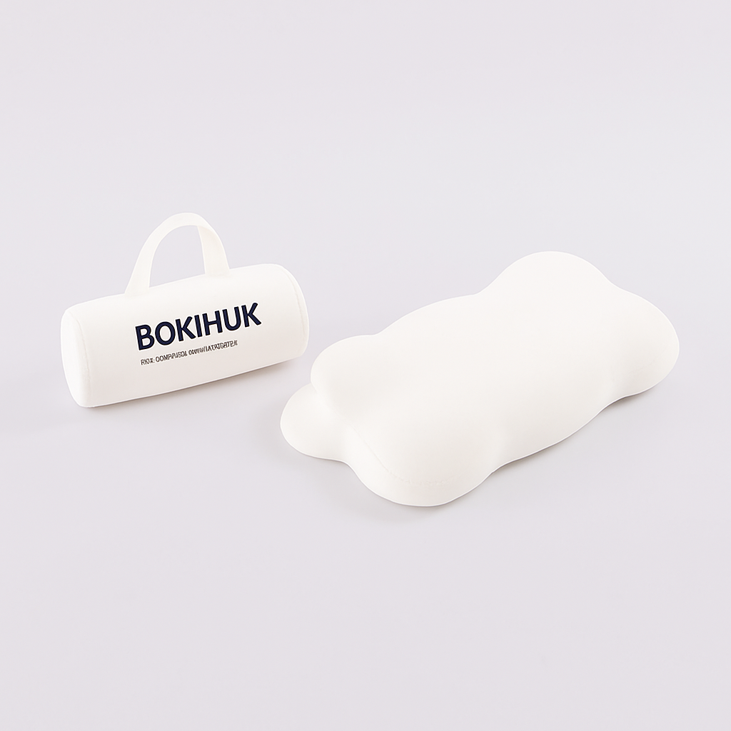Bokihuk-CloudAlign Pillow-white-memory foam-carrying case-Bokihuk branding