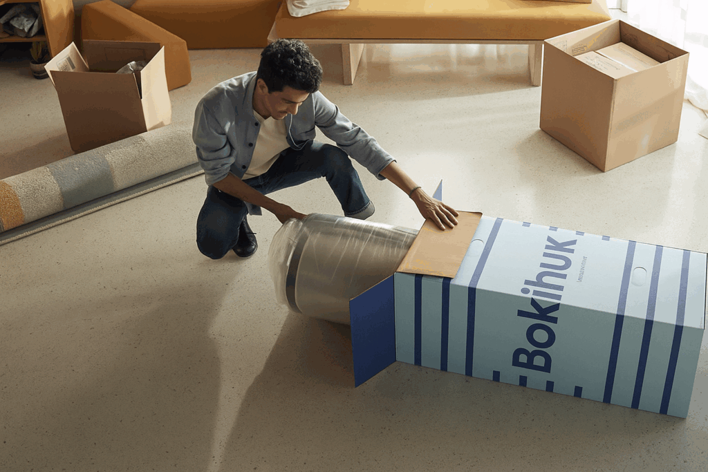 A man is opening a package containing Bokihuk products. Several boxes are around him, creating a simple, orderly, and lifelike scene.