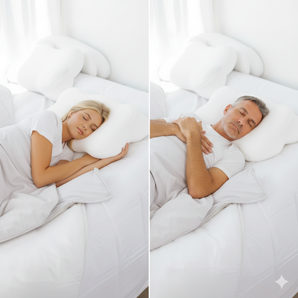 Bokihuk-CloudAlign Pillow-white-memory foam-side sleeper-woman and man sleeping-comfortable neck support