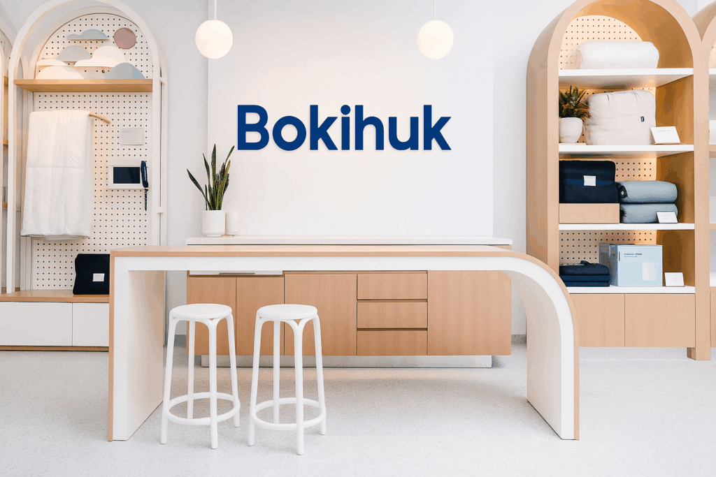 The Bokihuk brand's showroom features a modern and minimalist design, with the brand logo on white walls and neatly arranged merchandise shelves and furniture, creating a bright and warm overall atmosphere.