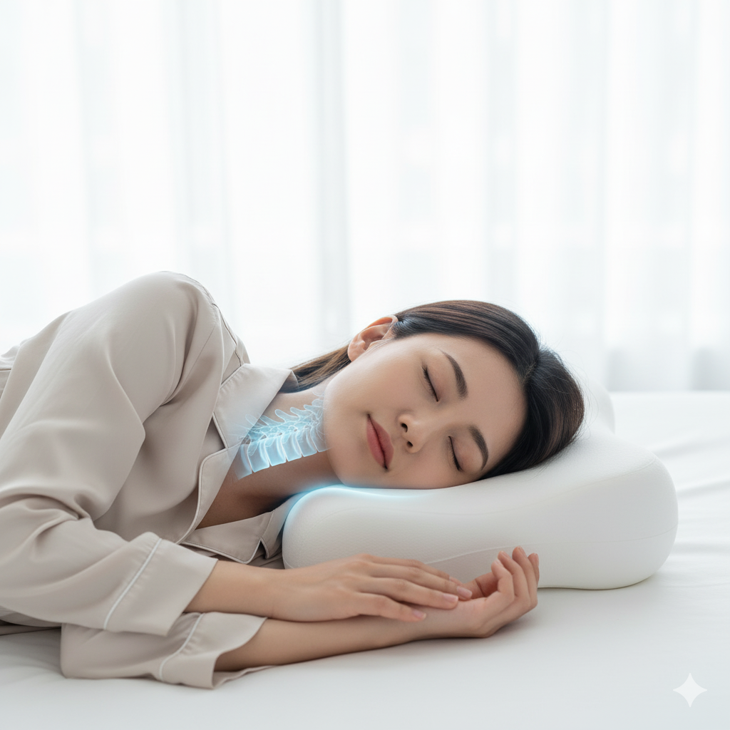 Bokihuk-CloudAlign Pillow-white-memory foam-side sleeper-woman sleeping-neck support-highlighted