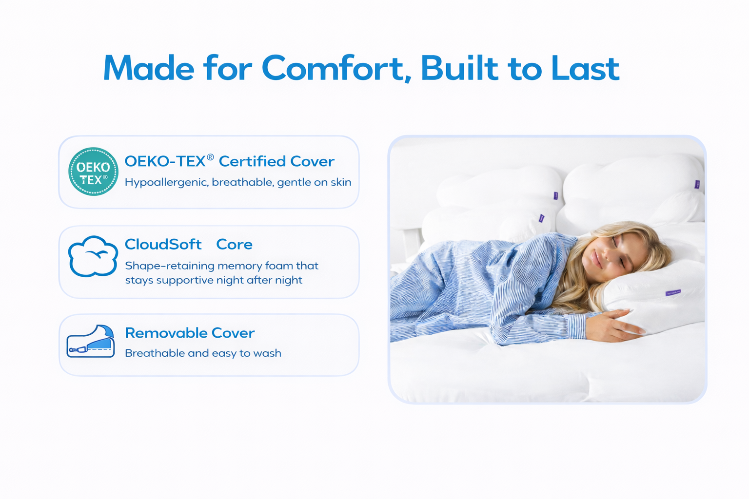 Bokihuk-CloudAlign Pillow-white-memory foam-Oeko-Tex certified cover-hypoallergenic-breathable-removable cover-woman sleeping