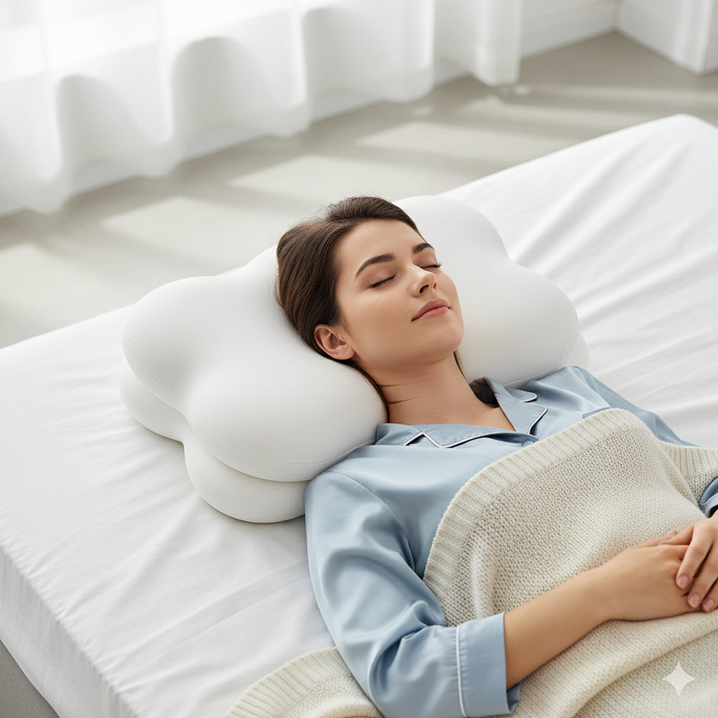 Bokihuk-CloudAlign Pillow-white-memory foam-back sleeper-woman sleeping-comfortable neck support