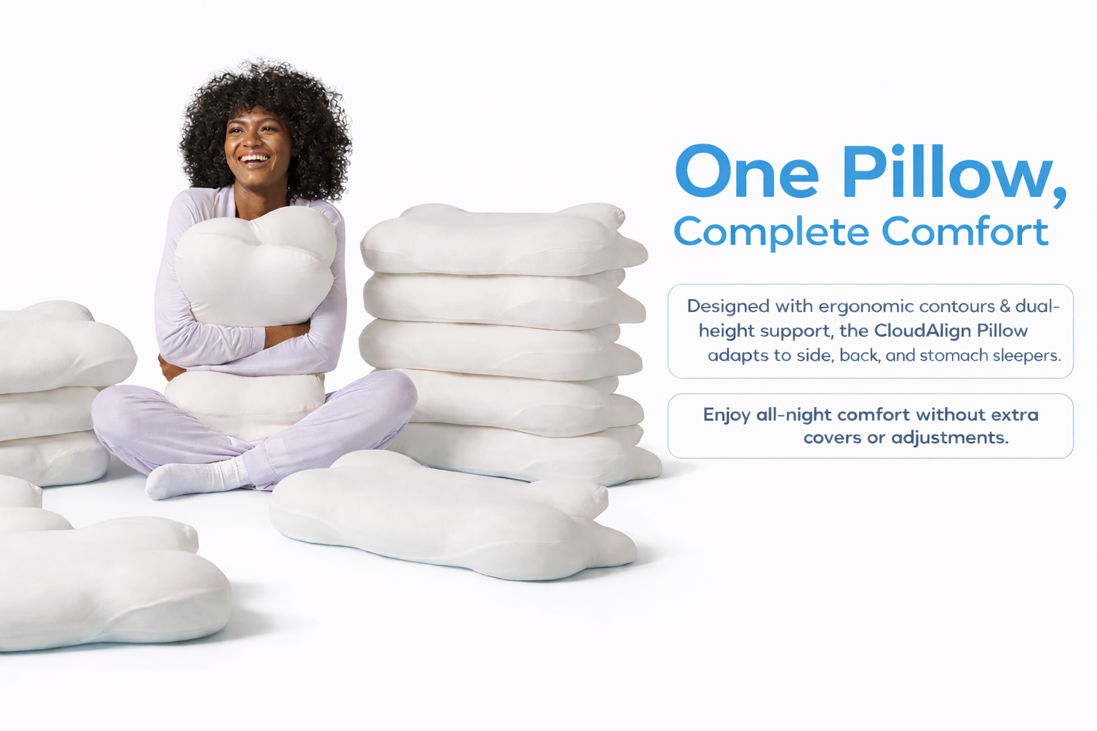 Bokihuk-CloudAlign Pillow-white-memory foam-woman hugging pillow-smiling-comfortable all-night sleep
