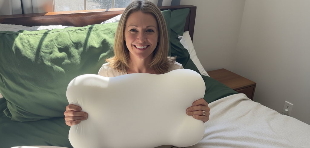 Bokihuk-CloudAlign Pillow-white-memory foam-woman smiling-holding pillow-modern bedroom