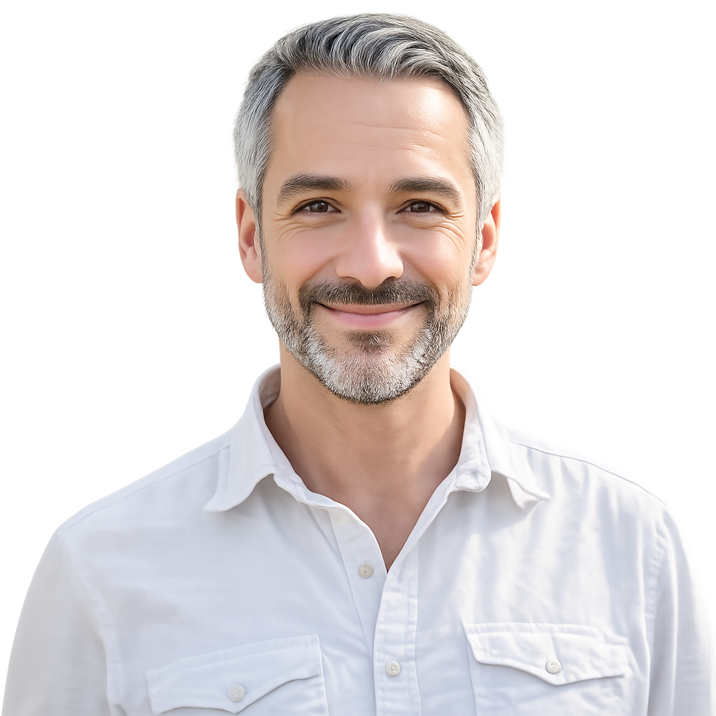 Smiling man with gray hair-wearing a white shirt-natural outdoor light