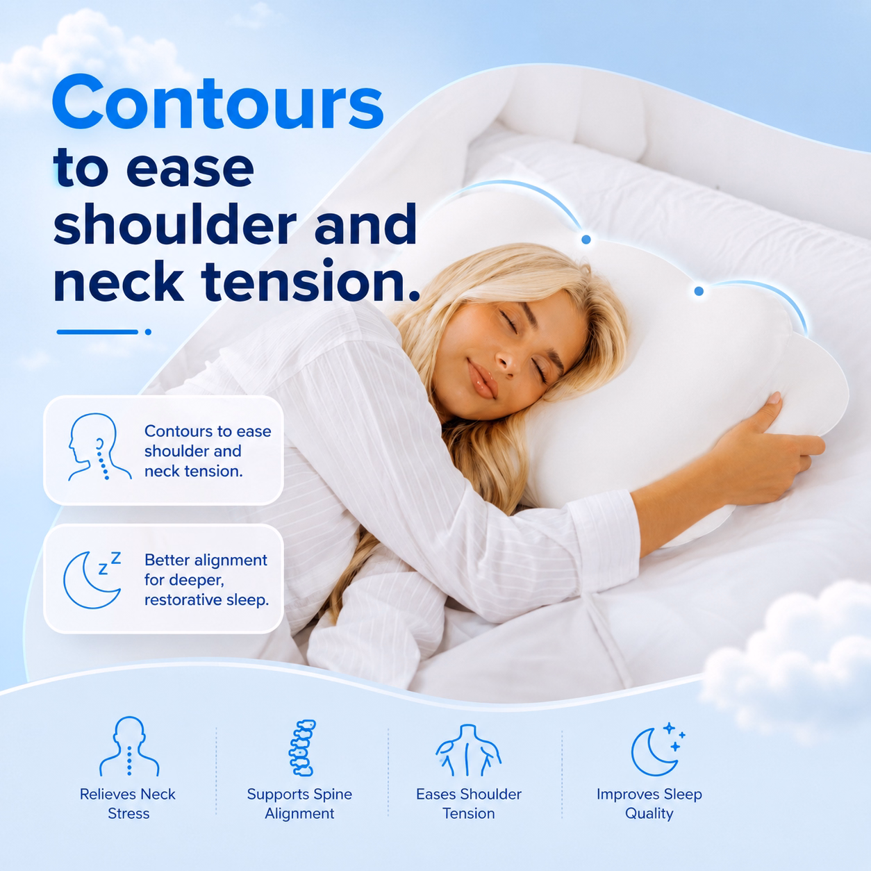 Bokihuk-CloudAlign Pillow-white-memory foam-neck pressure relief-back-sleeper support-side-sleep relief-woman sleeping