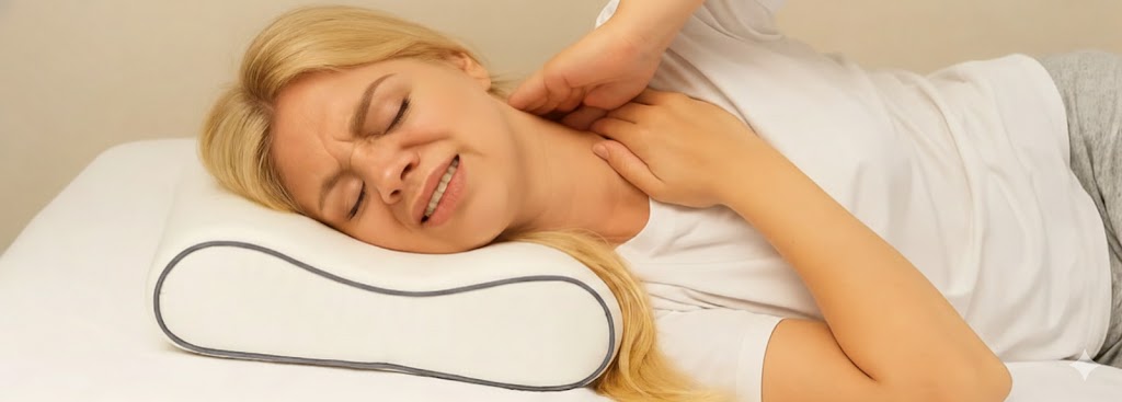 Woman with neck pain-holding neck while lying on pillow-complaining discomfort-white pillow